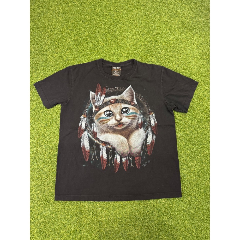 Rock Chang Mens Dreamcatcher Kitten‎ Graphic T-Shirt Black Double Sided Large